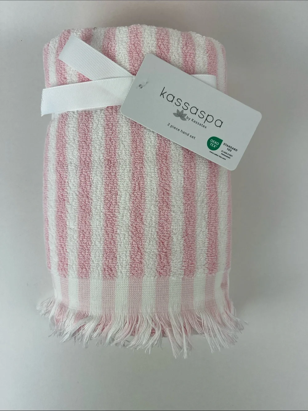 Kassaspa Hand Towel Set Pink & White Striped With Fringe Soft Cotton 2 Pc NEW